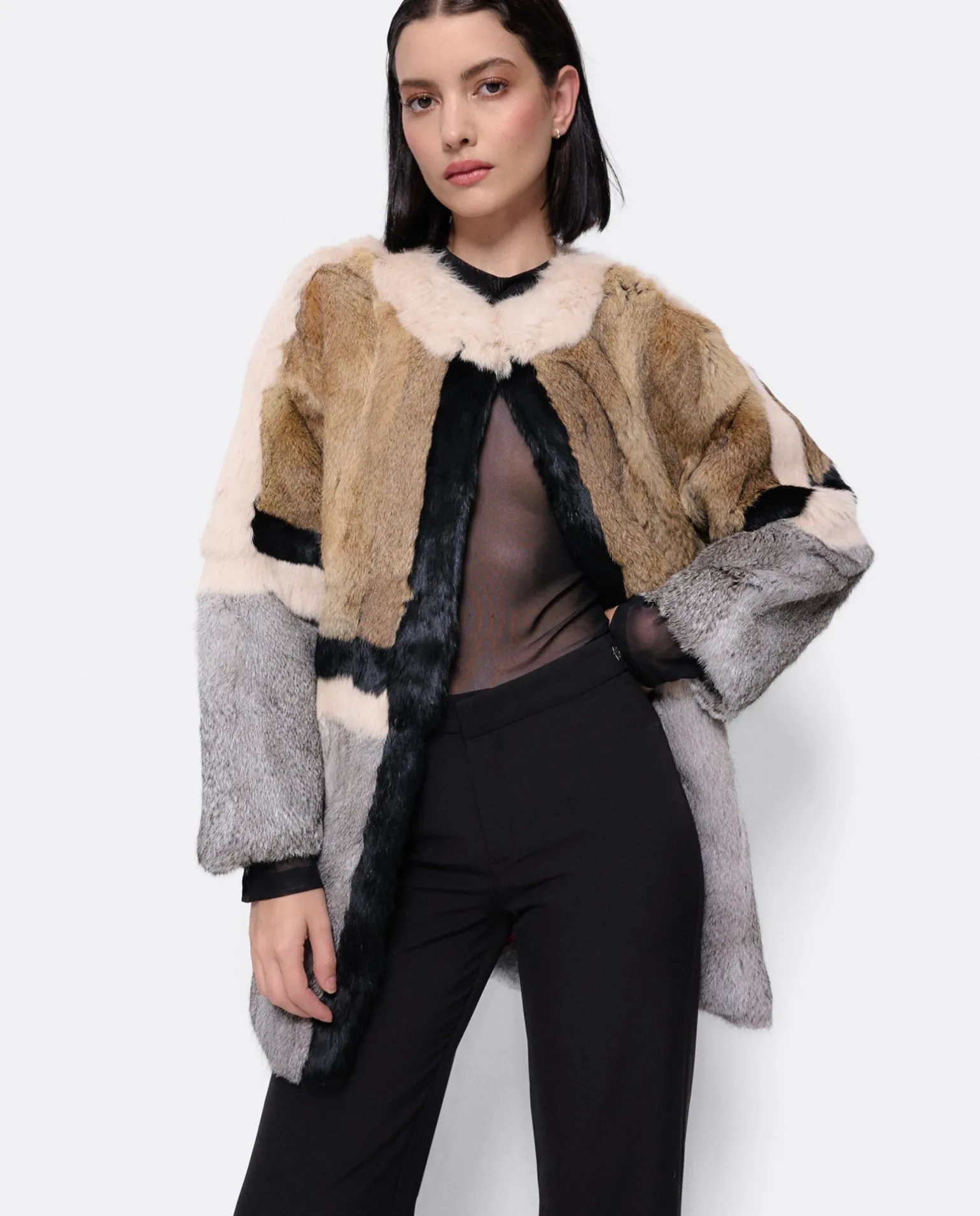 Abrigo Bicolor Pelo Natural Marron