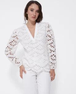 Blusa Escote Pico Guipur Blanco