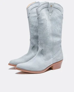 Bota Cowboy Tacón Bajo Serraje Celeste