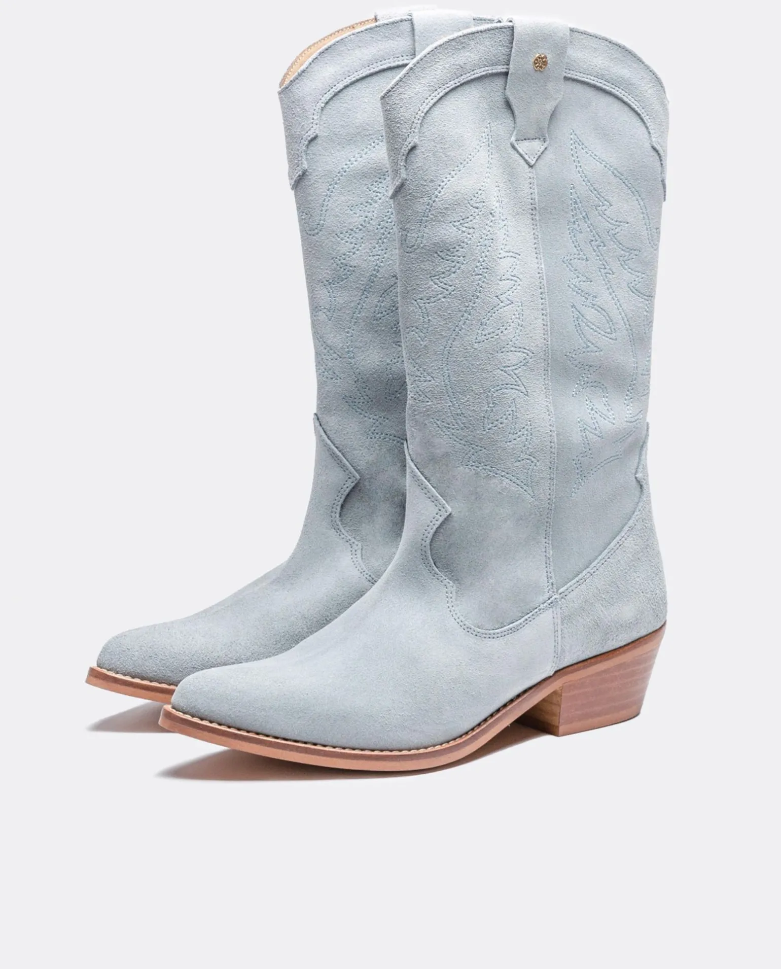 Bota Cowboy Tacón Bajo Serraje Celeste