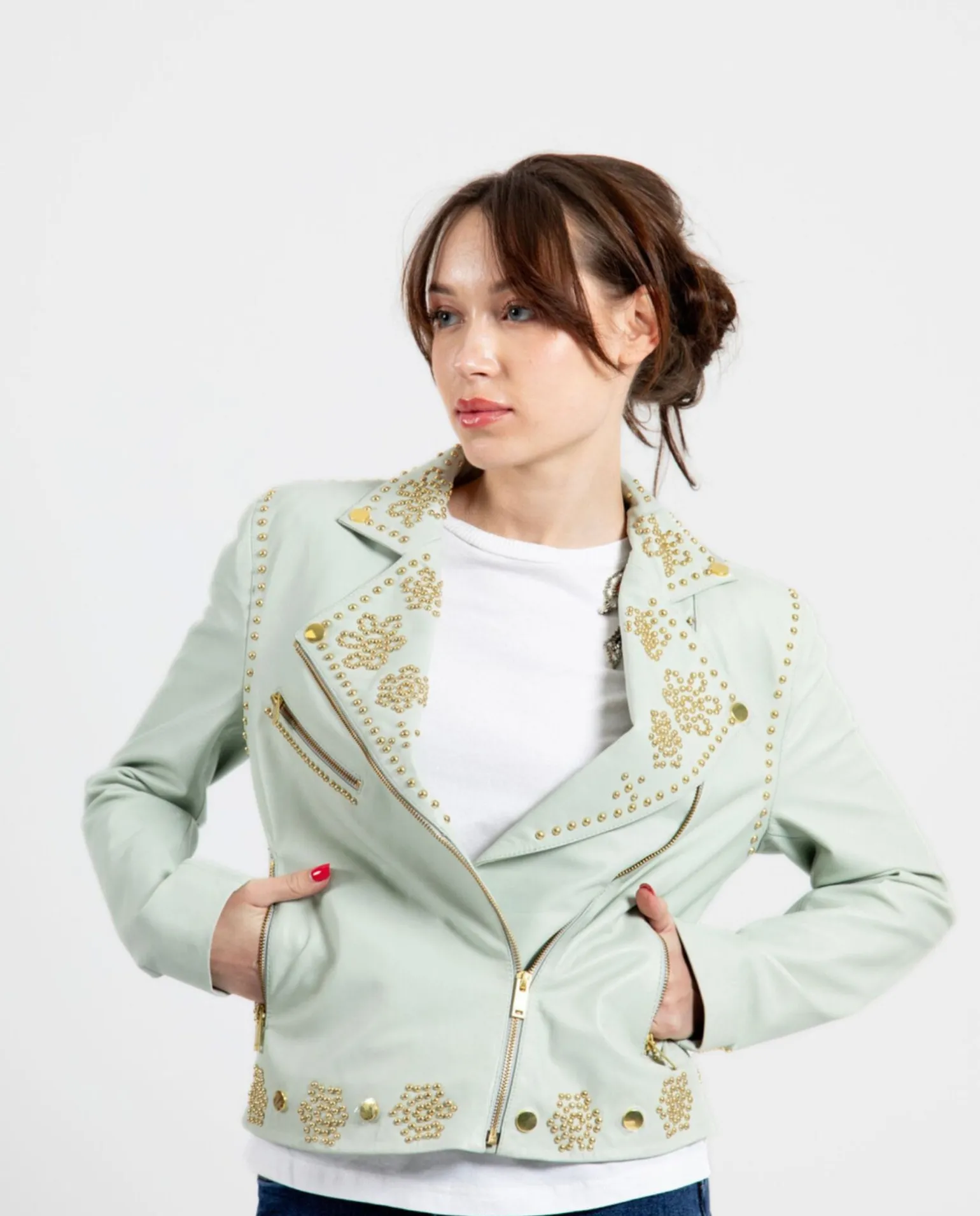 Chaqueta Biker Tachas Piel Verde