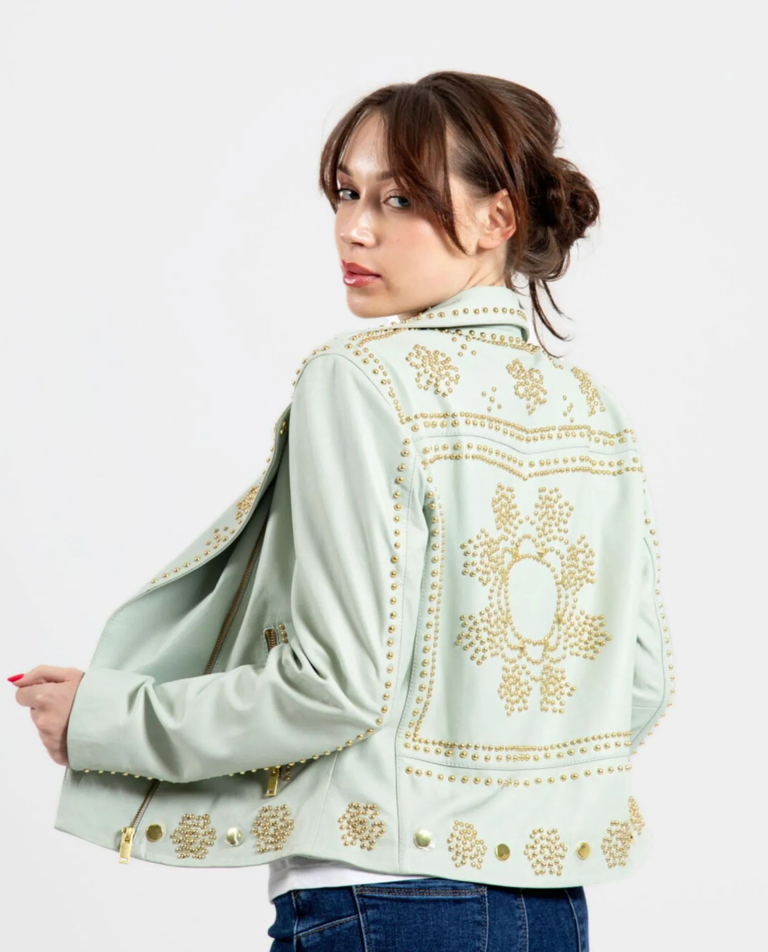 Chaqueta Biker Tachas Piel Verde