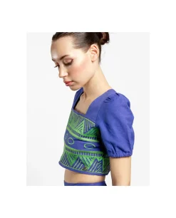 Crop Top Manga Algodon Azul