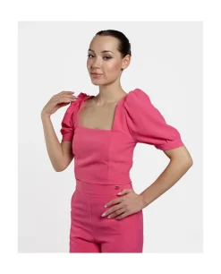 Crop Top Mangas Abullonadas Crep Fucsia