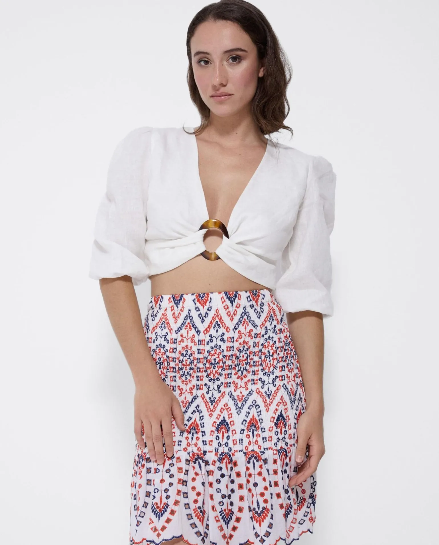 Falda Cintura Fruncida Algodon Multicolor