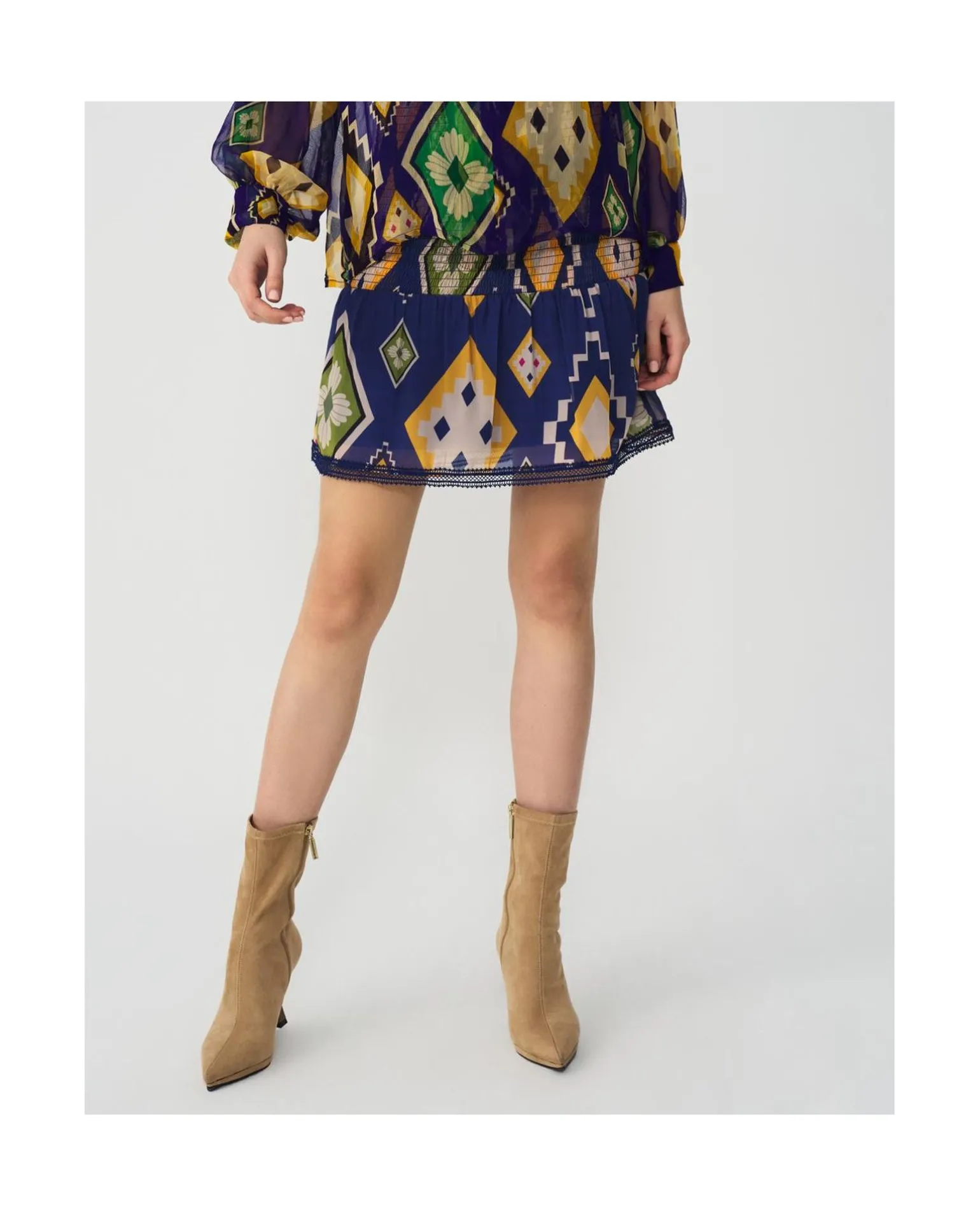 Falda Cintura Fruncida Textil Geometrico Azul