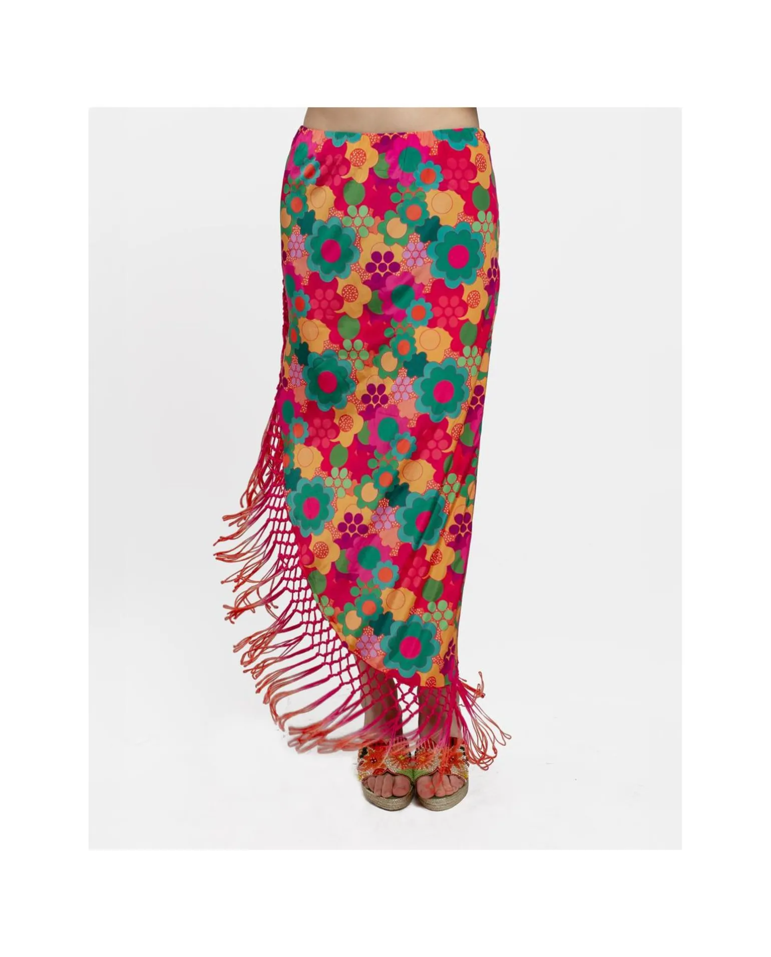 Falda Pareo Flecos Saten Estampado Flores