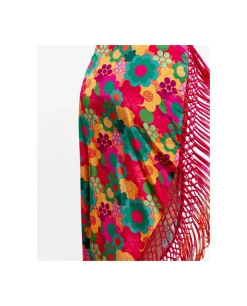 Falda Pareo Flecos Saten Estampado Flores