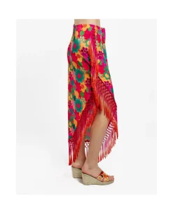 Falda Pareo Flecos Saten Estampado Flores