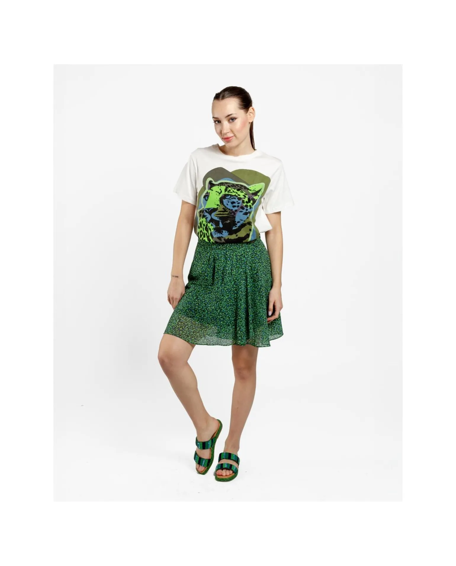 Falda Volantes Gasa Leopardo Verde