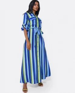 Maxivestido Camisero Algodon Rayas Azul