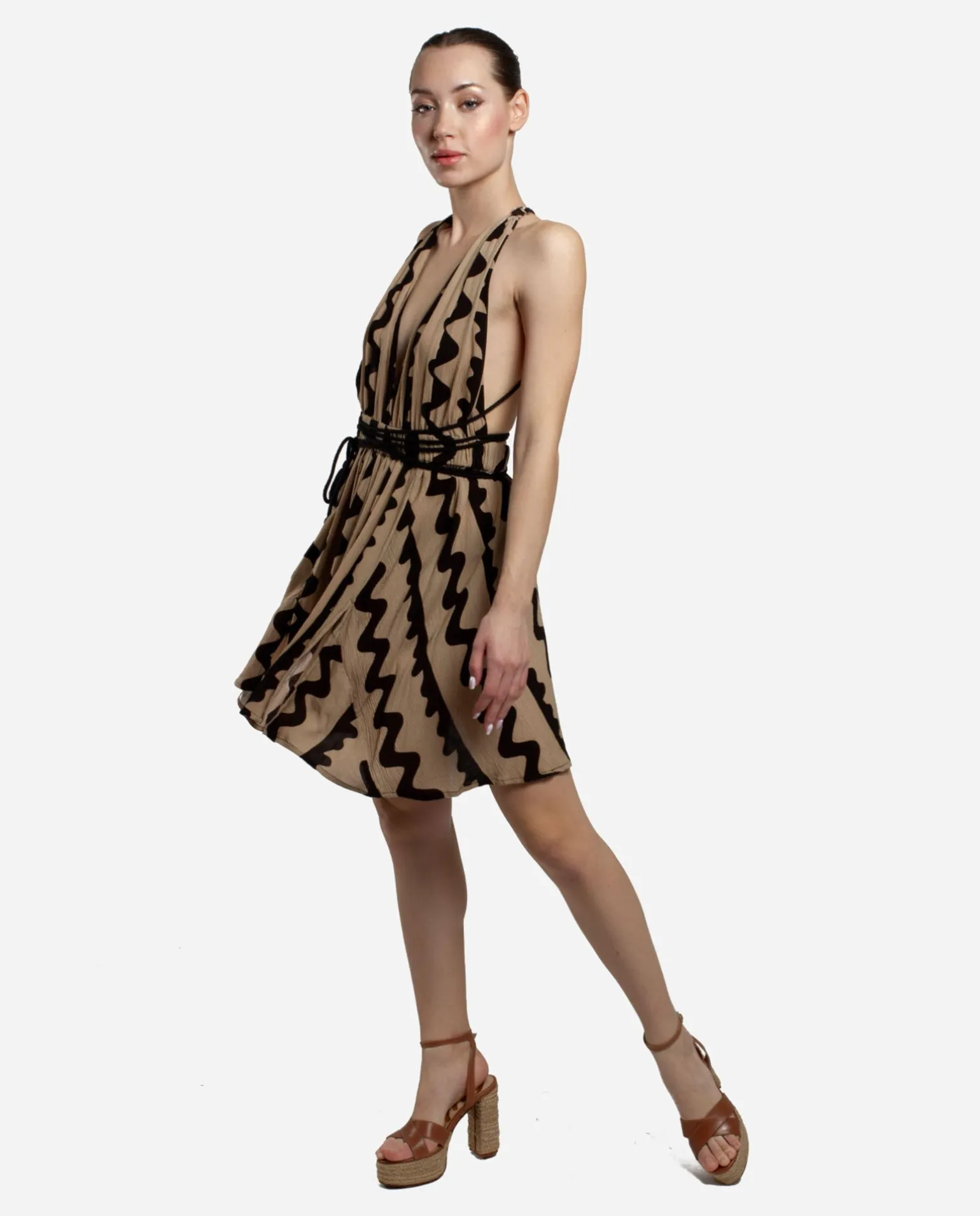 Mini Vestido Cuerda Crep Negro/ Beige