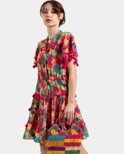 Mini Vestido Pompones Saten Estampado Flores