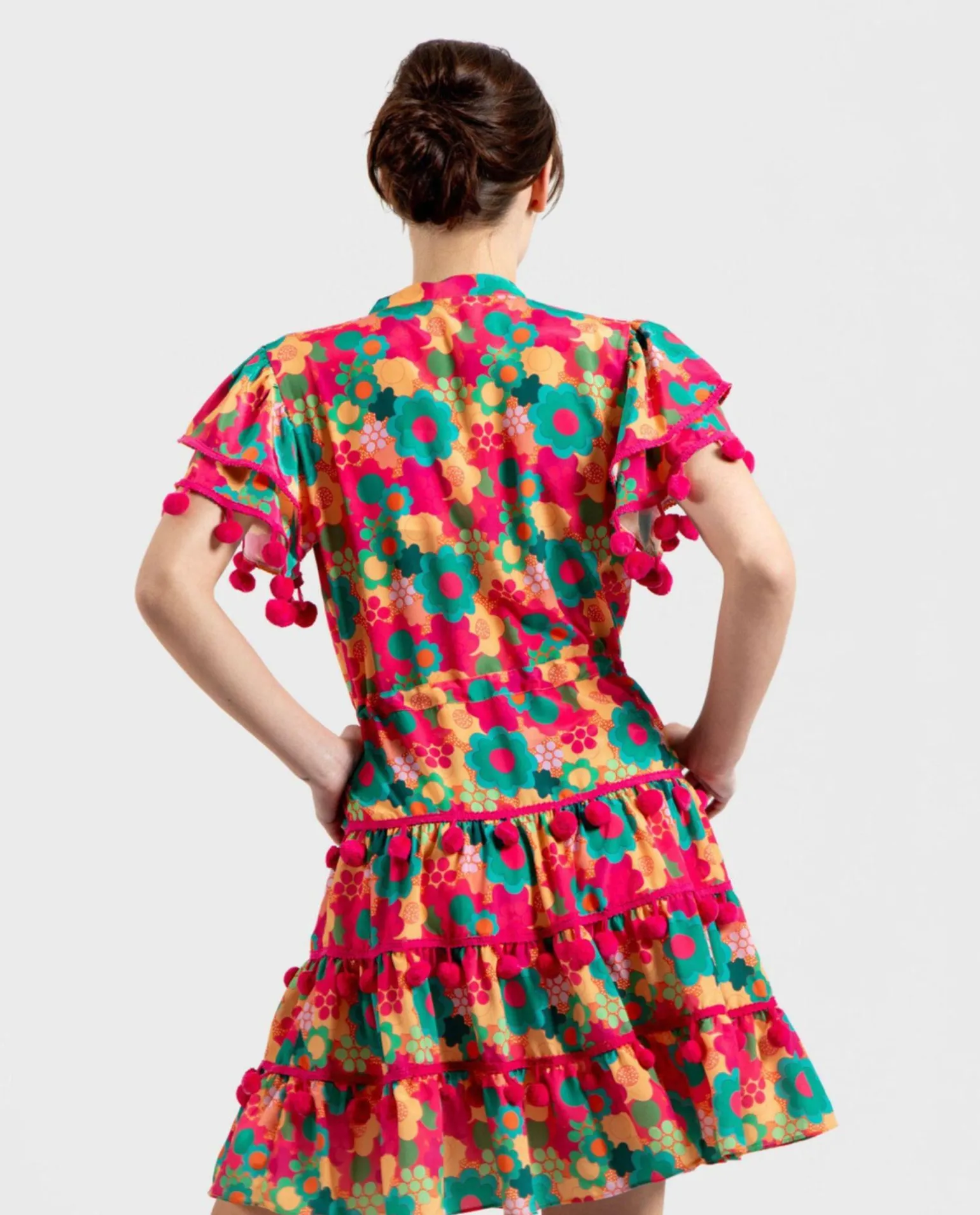 Mini Vestido Pompones Saten Estampado Flores