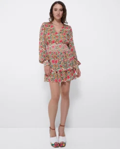 Mini Vestido Volantes Gasa Estampado Flores