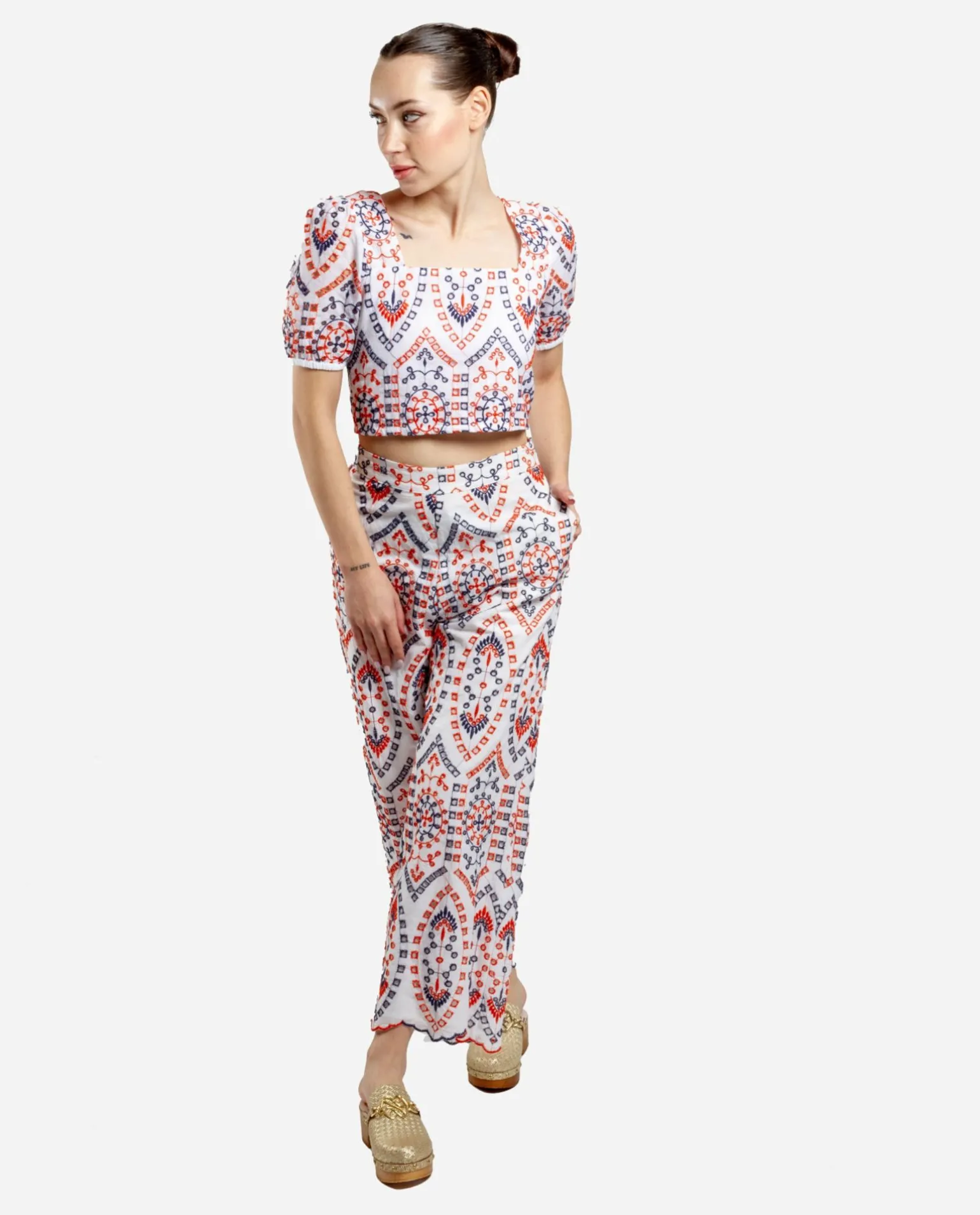 Pantalon Bordado Algodon Multicolor