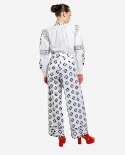 Pantalon Bordado Cenefa Algodon Blanco