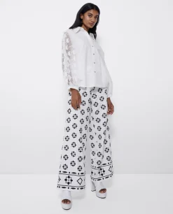 Pantalon Bordado Cenefa Algodon Blanco