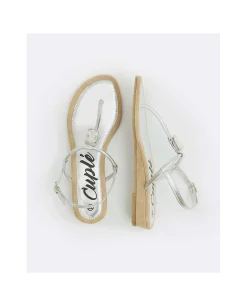 Sandalia Brillante Dedo Piel Metalizado Plata