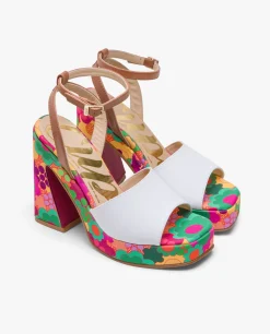 Sandalia Flataforma Flores Piel Blanco