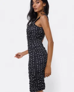 Vestido Ajustado Drapeado Punto Lunares Blanco Neg