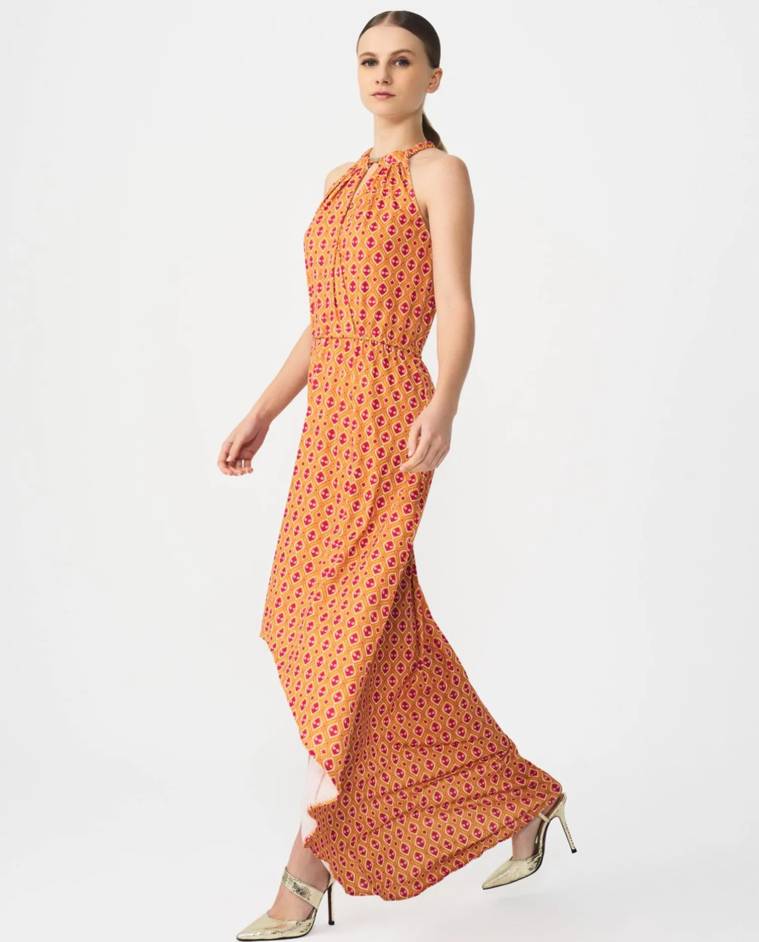 Vestido Asimetrico Cola Punto Geometrico Naranja