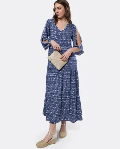 Vestido Boho Viscosa Geometrico Azul