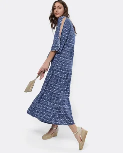 Vestido Boho Viscosa Geometrico Azul