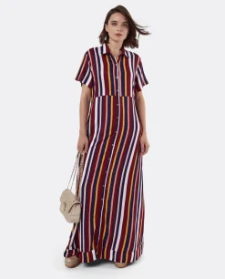 Vestido Camisero Largo Viscosa Rayas Rojas