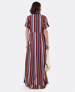 Vestido Camisero Largo Viscosa Rayas Rojas