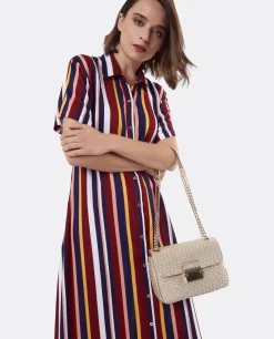 Vestido Camisero Largo Viscosa Rayas Rojas