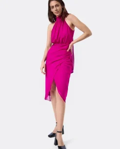 Vestido Escote Halter Gasa Fucsia