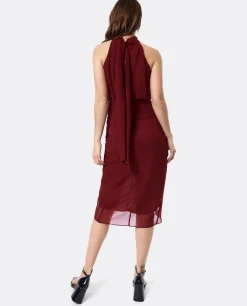 Vestido Escote Halter Gasa Burdeos