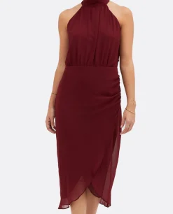 Vestido Escote Halter Gasa Burdeos