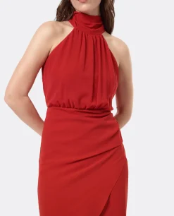 Vestido Escote Halter Gasa Rojo