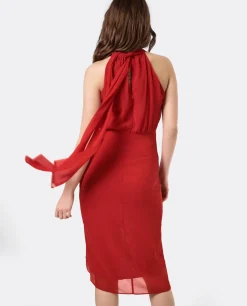 Vestido Escote Halter Gasa Rojo