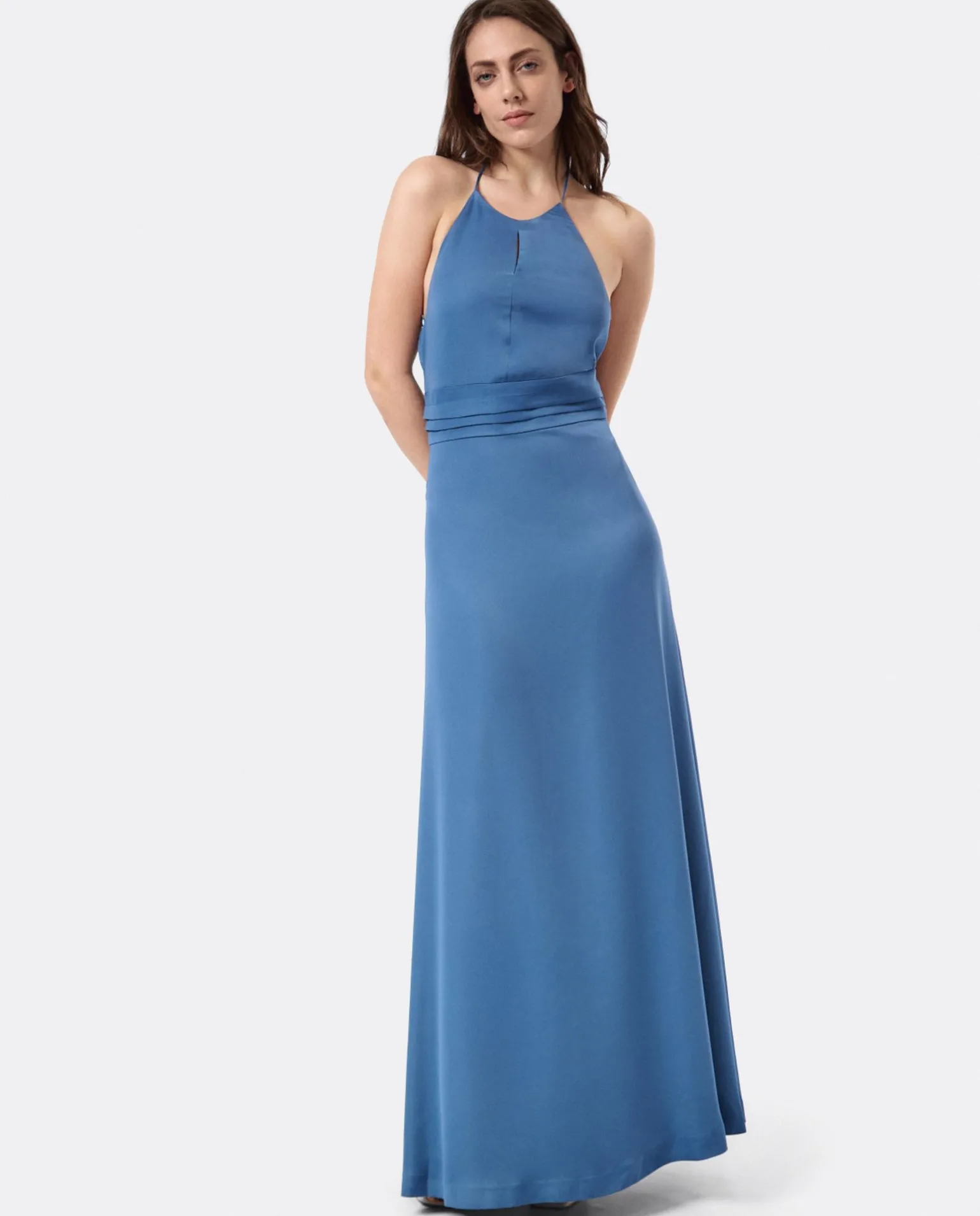 Vestido Fiesta Escote Halter Saten Azul Petroleo