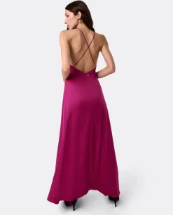 Vestido Largo Fiesta Tirantes Saten Fucsia