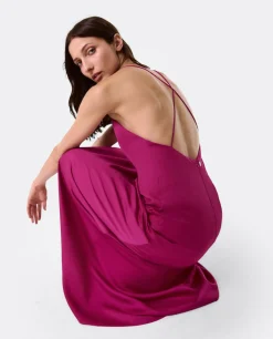 Vestido Largo Fiesta Tirantes Saten Fucsia