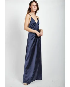 Vestido Largo Fiesta Tirantes Saten Marino