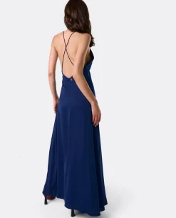 Vestido Largo Fiesta Tirantes Crep Marino