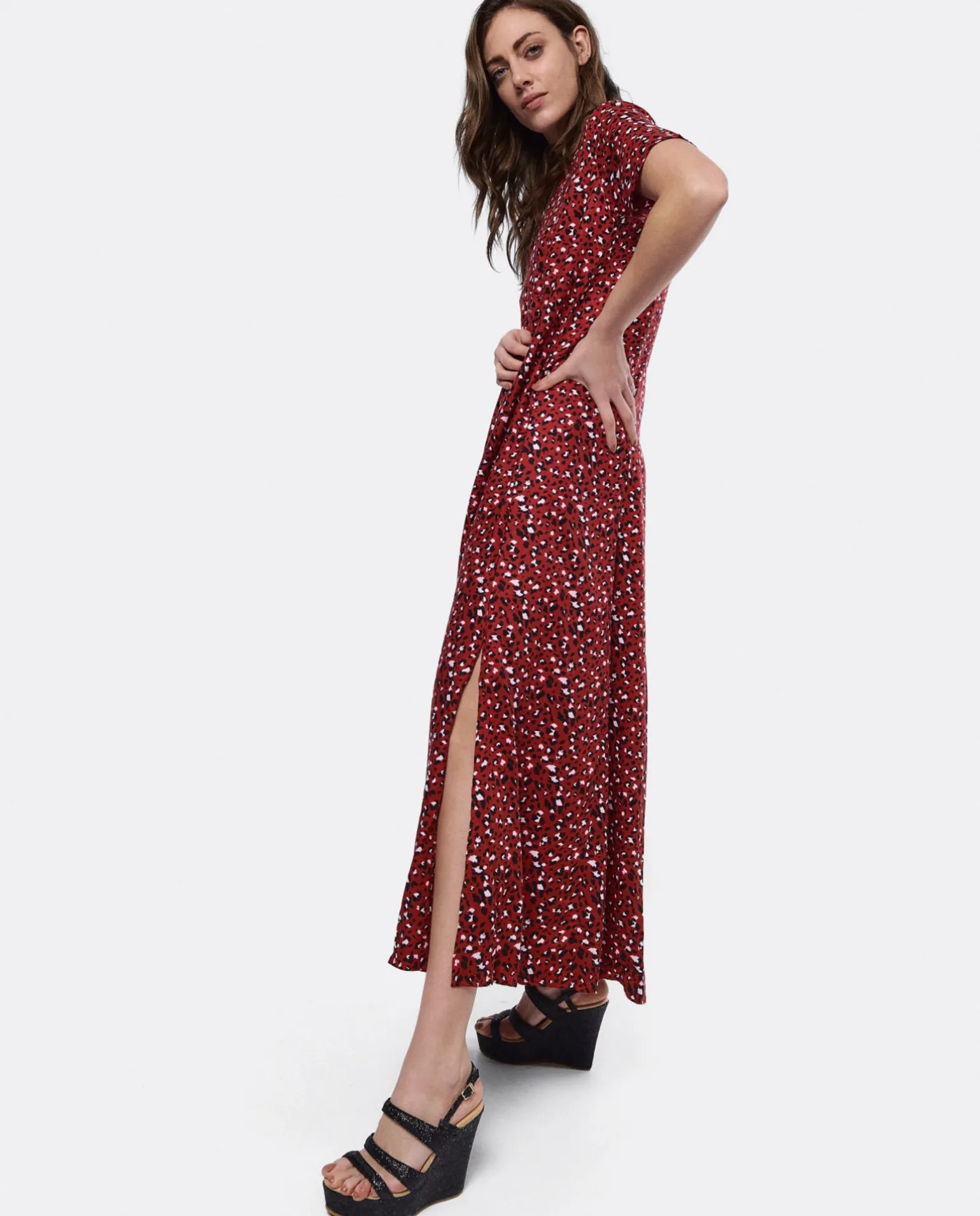 Vestido Largo Viscosa Leopardo Rojo