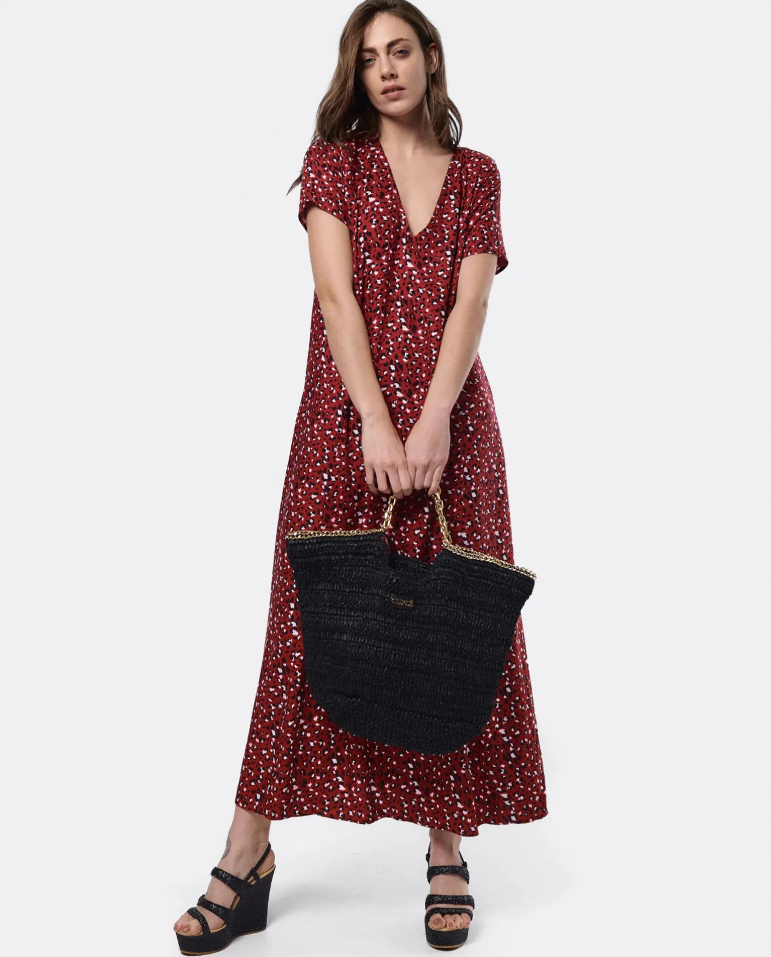 Vestido Largo Viscosa Leopardo Rojo