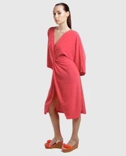 Vestido Maxi Mangas Punto Fucsia