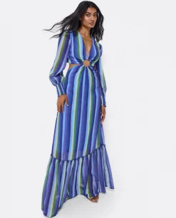 Vestido Midi Aro Delantero Gasa Rayas Azul