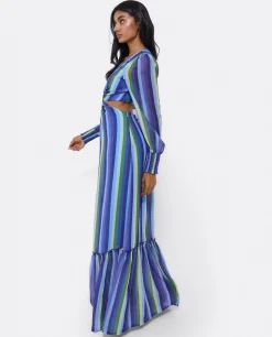 Vestido Midi Aro Delantero Gasa Rayas Azul