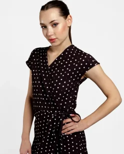 Vestido Midi Cruzado Crep Lunares Blanco Negro