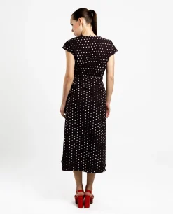 Vestido Midi Cruzado Crep Lunares Blanco Negro