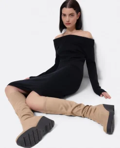 Vestido Midi Escote Drapeado Punto Negro