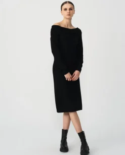 Vestido Midi Escote Drapeado Punto Negro
